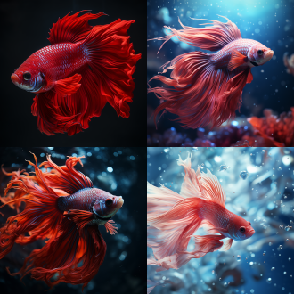 皮克斯风格，红色斗鱼，鱼缸内，远景特写，细节逼真，特写镜头，水波纹，柔和光线，冷色调，宁静，优雅。