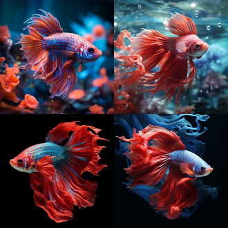 皮克斯风格，红色斗鱼，晶莹剔透，鱼缸内，远景特写，细节逼真，特写镜头，水波纹，柔和光线，冷色调，宁静，优雅。