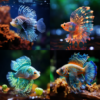 皮克斯风格，孔雀鱼，晶莹剔透，鱼缸内，远景特写，细节逼真，特写镜头，水波纹，柔和光线，冷色调，宁静，优雅。