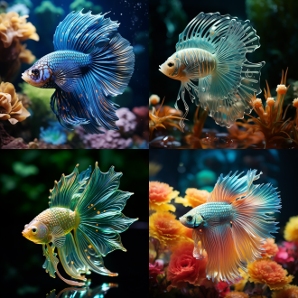 皮克斯风格，孔雀鱼，晶莹剔透，开心，鱼缸内，远景特写，细节逼真，特写镜头，水波纹，柔和光线，冷色调，宁静，优雅。