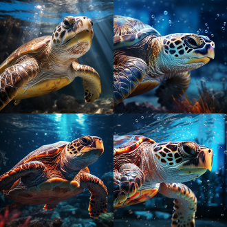 皮克斯风格，海龟，晶莹剔透，开心，鱼缸内，远景特写，细节逼真，特写镜头，水波纹，柔和光线，冷色调，宁静，优雅，高饱和度，细腻纹理，自然光，静态，水下，透明质感，微笑，放松。