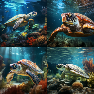 皮克斯风格，海龟，晶莹剔透，开心，水草，远景特写，细节逼真，水波纹，柔和光线，冷色调，宁静，优雅，广角镜头，侧光，慢快门，水下，自然环境，动态模糊，细节丰富，色彩鲜明，表情生动。