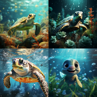 皮克斯风格，海龟，晶莹剔透，开心，水草，远景特写，细节逼真，水波纹，柔和光线，冷色调，宁静，优雅，广角镜头，侧光，慢快门，水下，透明感，微笑，自然，细腻，平静。