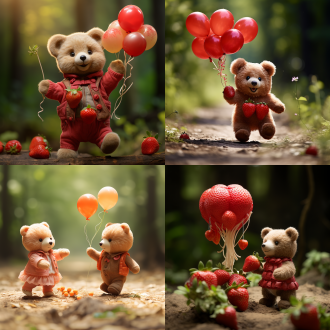 草莓熊手持气球，带领小灰熊奔跑，动态捕捉，森林背景，明亮色调，广角镜头，逆光，高速快门，欢快，活力。