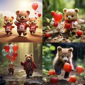 草莓熊手持气球，带领小灰熊奔跑，动态捕捉，森林背景，明亮色调，广角镜头，逆光，高速快门，欢快，活力。