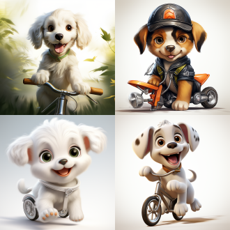 白色背景，可爱小狗，休闲服，骑车上班，卡通风格，大眼睛，微笑，圆润身体，优雅姿态，平面设计，明亮色调，柔和光线，正面视角，细节清晰，轻松愉快，高饱和度，广角镜头，自然光，快速快门，动态模糊，愉悦情绪。