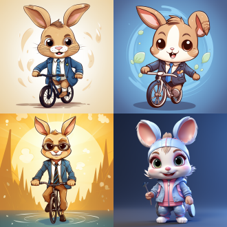 蓝色背景，可爱兔子，休闲服，骑车上班，卡通风格，大眼睛，微笑，圆润身体，优雅姿态，平面设计，明亮色调，柔和光线，正面视角，细节清晰，轻松愉快。