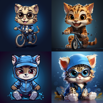 蓝色背景，可爱豹猫，休闲服，骑车上班，卡通风格，大眼睛，微笑，圆润身体，优雅姿态，平面设计，明亮色调，柔和光线，正面视角，细节清晰，轻松愉快。