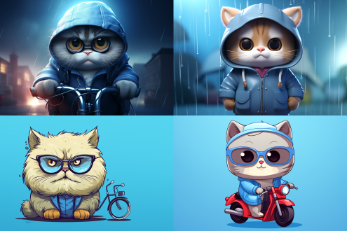 蓝色背景，可爱波斯猫，休闲服，骑车上班，卡通风格，大眼睛，微笑，圆润身体，优雅姿态，平面设计，明亮色调，柔和光线，正面视角，细节清晰，轻松愉快。