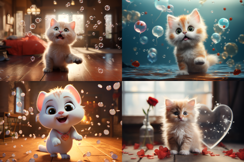 一只可爱的白色小奶猫抱着一颗红色心形巧克力，一块鱼形饼干在空中飞，明亮的房间有泡泡