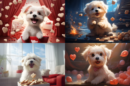 一只可爱的白色小奶狗抱着一颗红色心形巧克力，一块鱼形饼干在空中飞，明亮的房间有泡泡