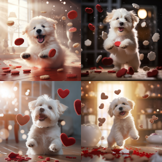 白色小奶狗抱红色心形巧克力，鱼形饼干空中飞，明亮房间泡泡，远焦镜头，温馨氛围，柔和光线，浅色调，可爱表情，天真无邪，幸福情绪。
