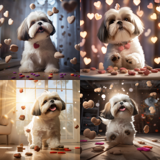 白色西施犬抱心形巧克力，鱼形饼干飞，明亮房间泡泡，远焦镜头，温馨氛围，柔和光线，浅色调，可爱表情，专注眼神，动态捕捉，甜美情感。