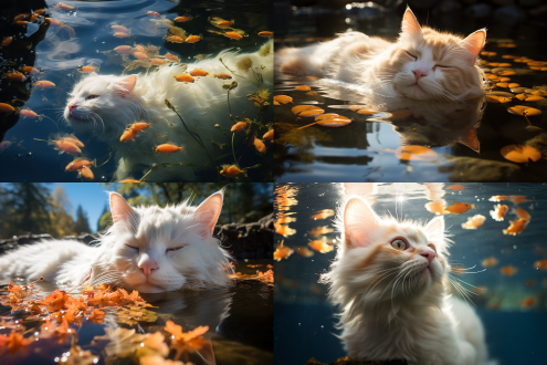 可爱白猫睡在清澈透明的水里，旁边有金鱼，蓝天，水下视角，柔和光线，高饱和度，广角镜头，水波纹，梦幻氛围，宁静，温暖色调，放松。
