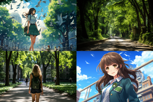 盛夏时节，电脑壁纸，绿树成荫，街道两侧梧桐树高达茂盛，街道安静，女孩走在树荫下，树叶飘落，蓝天白云，绿意盎然，阳光透过树叶缝隙撒落，远处道路宽阔，绿色调为主，远视视角，卡通画风，高清，清新，自在，广角镜头，自然光，柔和阴影，动态模糊，宁静，舒适。