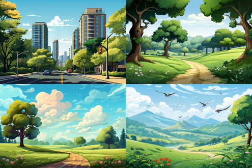 盛夏时节，电脑壁纸，绿树成荫，街道两侧梧桐树高达茂盛，街道安静，树叶飘落，蓝天白云，绿意盎然，阳光透过树叶缝隙撒落，远处道路宽阔，绿色调为主，远视视角，卡通画风，高清，清新，自在，广角镜头，自然光，柔和阴影，动态模糊，宁静，舒适。