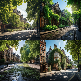 盛夏时节，电脑壁纸，绿树成荫，街道两侧梧桐树高达茂盛，街道安静，树叶飘落，蓝天白云，绿意盎然，阳光透过树叶缝隙撒落，远处道路宽阔，绿色调为主，远视视角，高清，清新，自在，广角镜头，自然光，柔和阴影，动态模糊，宁静，舒适。