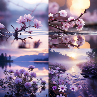 紫色和白色淡色背景壁纸，自然风景，柔和光线，远景，广角镜头，浅景深，平静，和谐，花卉，树木，山脉，水流，细腻纹理，温暖色调，宁静。