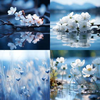 蓝色和白色淡色背景壁纸，自然风景，柔和光线，远景，广角镜头，浅景深，平静，和谐，花卉，树木，山脉，水流，细腻纹理，温暖色调，宁静。