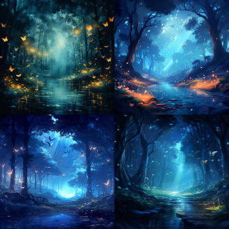 浅蓝色的暗夜森林背景，蝴蝶萤火虫点缀，神秘感，广角镜头，动漫风格，高光细节，细腻笔触，细节丰富，颜色透亮，仙气飘飘，仙境感，梦幻神圣感，