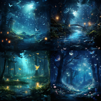 浅蓝色暗夜森林，蝴蝶萤火虫点缀，神秘感，广角镜头，动漫风格，高光细节，细腻笔触，细节丰富，颜色透亮，仙气飘飘，仙境感，梦幻神圣感，暗色调，柔和光线，自然元素，梦幻场景，神秘氛围，细腻质感，透亮色彩，仙境效果，梦幻神圣感。