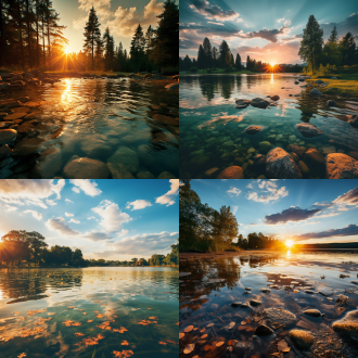 夏日清凉，雨后夕阳，绿松石色湖水，清澈绿植，阳光反射，涟漪折射，郁郁葱葱树木，自然景观，专业摄影师风格，高清相机，俯拍，远景，真实风景，唯美意境，高清品质，暖色调，自然光，细腻纹理，宁静氛围，生机勃勃。