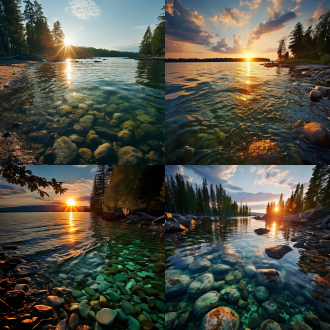 夏日清凉，雨后夕阳，绿松石色湖水，清澈绿植，阳光反射，涟漪折射，郁郁葱葱树木，专业摄影师风格，高清相机，俯拍，远景，真实风景，唯美意境，高清品质，暖色调，自然光线，细腻纹理，宁静氛围，生机勃勃。