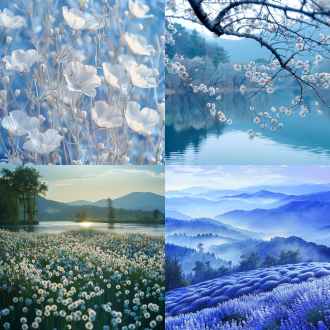 蓝色和白色淡色背景壁纸，自然风景，柔和光线，远景，广角镜头，浅景深，平静，和谐，花卉，树木，山脉，水流，细腻纹理，温暖色调，宁静。