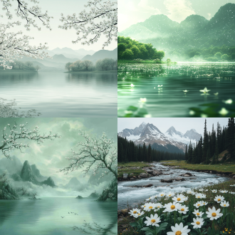 绿色和白色淡色背景壁纸，自然风景，柔和光线，远景，广角镜头，浅景深，平静，和谐，花卉，树木，山脉，水流，细腻纹理，温暖色调，宁静。