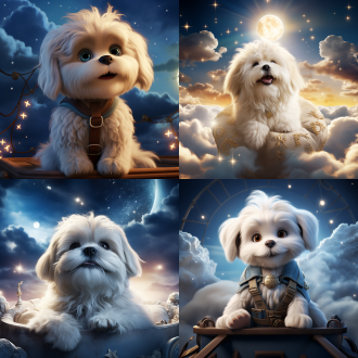 皮克斯风格，人物特写，白色西施犬抱着巨大骨头坐着，云层上巨大月球，梦幻场景，柔和光线，广角镜头，高饱和度，温暖色调，可爱表情，仰视角度，细节丰富，温馨氛围。