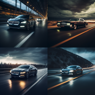 林肯车行驶在公路上电影画面感，中心构图，暗色调，公路环境，长焦镜头，逆光，动态模糊，流畅线条，神秘。