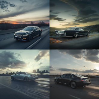 林肯车行驶在公路，电影宽屏构图，冷色调，长焦镜头，侧逆光，低饱和度，流畅线条，沉稳。