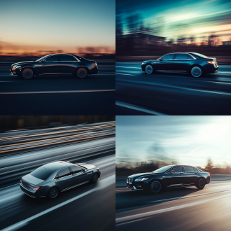 林肯车行驶在公路，电影宽屏构图，冷色调，长焦镜头，侧逆光，慢快门，动态模糊，流畅线条，帅气。