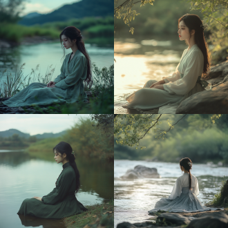 女孩河边静坐，刘亦菲模样，电影质感画面，远焦镜头，柔和侧光，绿色为主色调，宁静氛围，优雅姿态。