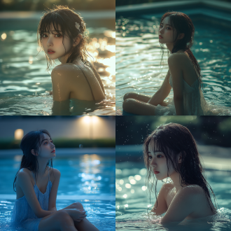 中国气质女生写真，泳池边坐姿，全身湿漉漉，眼神注视水面，波光粼粼。闲适气质。大师级摄影镜头，大师级摄影角度，全身照，电影感。大光圈，背景虚化，色彩饱和，柔和侧光，优雅动作，自然表情。