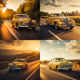 老爷车在公路上，中心构图，复古风格，阳光下，暖黄色调，长焦镜头，正面光，静止，经典元素，精致，怀旧。