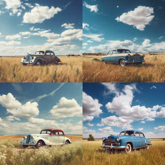 老爷车停在草原，中心构图，蓝天白云，广阔，复古风格，长焦镜头，顶光，静止，野草，逼真，棕黄色调，宁静。