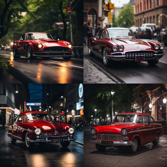 红旗车在路上，正面视角，宏伟风格，城市街道，冷色调，长焦镜头，顺光，静止，庄严，红色车身，稳重。