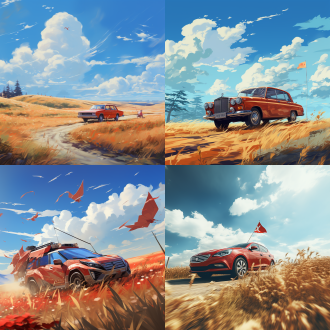 红旗车在草原行驶，中心构图，蓝天白云草原，写实风格，长焦镜头，顺光，行驶，广阔，红色车身，自由。