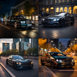 宾利车在公路上，正面视角，金属质感，城市背景，冷色调，长焦镜头，顺光，静止，豪华，黑色，沉稳。