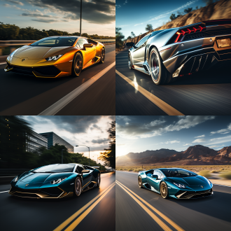 兰博基尼跑车在公路，低角度仰拍，金属质感，流线型车身，冷色车漆，长焦镜头，强光，飞驰，炫酷，速度感。