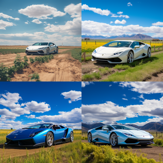 兰博基尼在草原，中心构图，开阔风景，超跑线条，蓝天白云，草原绿地，长焦镜头，顺光，静止，酷炫，冷色调，大气。