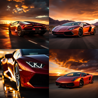 兰博基尼在霞光下，低角度拍摄，金属质感，流畅线条，暖橙色天空，长焦镜头，逆光，静止，炫酷，红色车身，大气。
