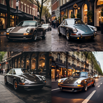 保时捷车，正面视角，城市街道，冷色调，长焦镜头，侧逆光，低角度，行驶，动感，炫酷。