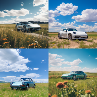 保时捷车在草原上，中心构图，广阔草原，蓝天白云，现代风格，长焦镜头，顺光，行驶，动感，银灰色，自由。