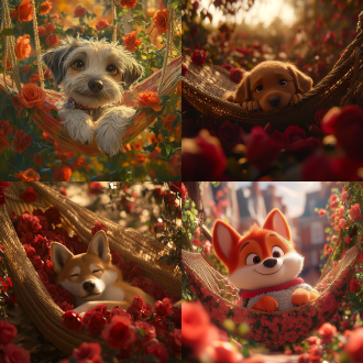 皮克斯风格，远景特写，郊外玫瑰丛中藤椅上躺可爱小奶狗，明媚阳光，暖色调，长焦镜头，侧逆光，惬意开心。