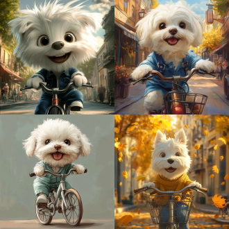 白色背景可爱小狗穿休闲服骑车上班，卡通风，大眼睛微笑，圆润身体优雅姿态，明亮高饱和色调，广角自然光，快速快门动态模糊，愉悦轻松。