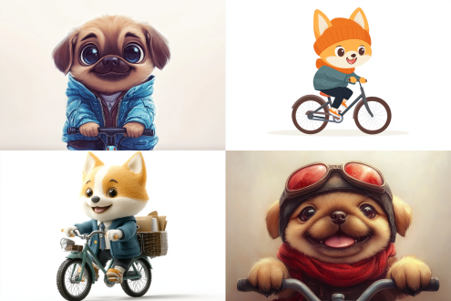 白色背景下可爱小狗穿休闲服骑车上班，大眼睛微笑，圆润身体优雅姿态，卡通平面设计，明亮高饱和色调，广角自然光，快速快门动态模糊，轻松愉悦。