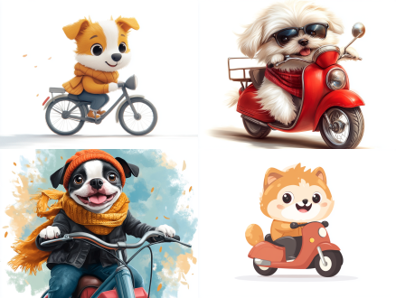 白色背景，可爱小狗穿休闲服骑车上班，大眼睛微笑，圆润身体优雅姿态，卡通平面设计，明亮高饱和色调，正面广角，自然光，快速快门，动态模糊，轻松愉悦。