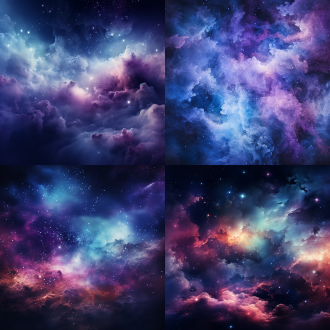 梦幻渐变色银河，三分法构图，低饱和度渐变，星云粒子与流体效果，宇宙环境，超广角镜头，逆光，神秘氛围，蓝紫调。